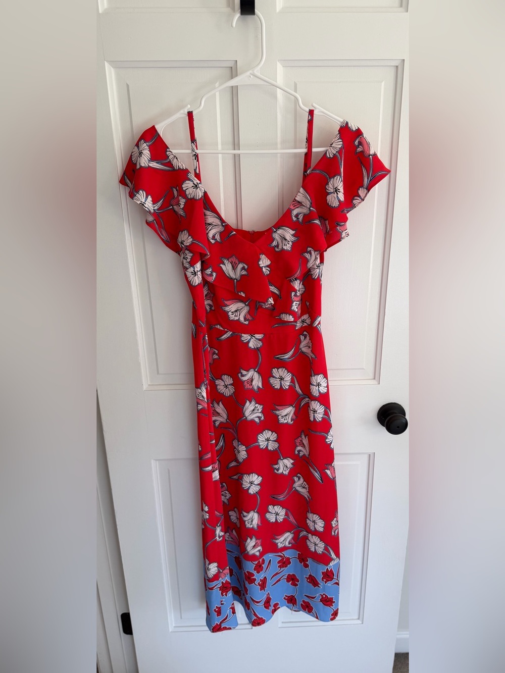 London Times Size 6 Red Floral Cold Shoulder Ruffle Maxi Dress